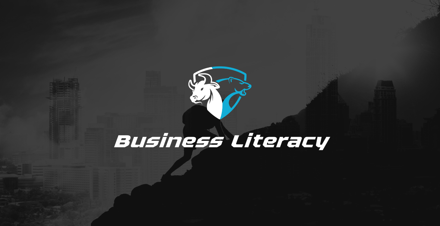 Silhouette climbing mountain in cityscape with Chromeski Capital logo and Business Literacy title